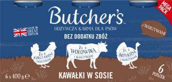 Zestaw 6x400g karmy Butcher's dla psów, kawałki w sosie z warzywami, bezzbożowa, kurczak, wołowina, indyk.