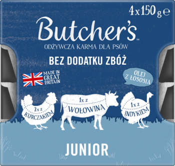 Granatowa karma Butcher's Junior 4x150g dla szczeniąt z kurczakiem, wołowiną, indykiem, olejem z łososia, bez zbóż, widok z przodu.