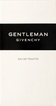 Białe, prostokątne opakowanie Givenchy Gentleman Eau de Toilette, czarny pas z napisem GENTLEMAN GIVENCHY.