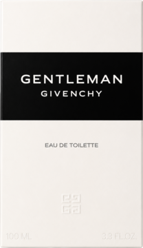 Givenchy Gentleman Eau de Toilette, 100 ml. Białe pudełko z czarnym pasem, nazwą i logo. Widok z przodu.