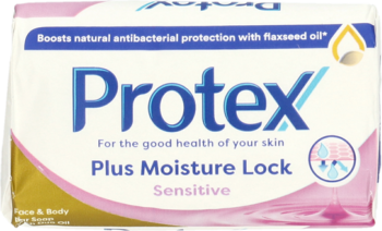 Protex Plus Moisture Lock Sensitive mydło w białym opakowaniu z różowymi i złotymi detalami, widok z przodu.