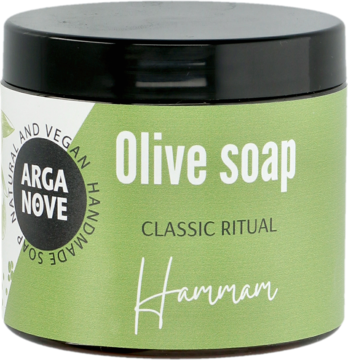Cylindrical dark green jar of Arganove Olive soap Hammam, Classic Ritual, with black lid, angled front view.
