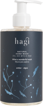 Hagi Natural Hand Wash bursztyn i algi, ciemna butelka z białą pompką i morską grafiką, widok z przodu.