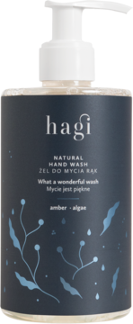 Hagi Natural Hand Wash bursztyn i algi, ciemna butelka z białą pompką i morską grafiką, widok z przodu.