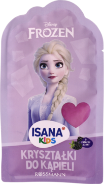 Fioletowe kryształki do kąpieli Isana Kids Frozen z Elsą, sachet, jeżynowy zapach, widok z przodu.
