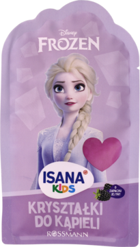 Fioletowe kryształki do kąpieli Isana Kids Frozen z Elsą, sachet, jeżynowy zapach, widok z przodu.