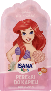 Różowe perełki do kąpieli Isana Kids z Arielką Disney Princess, kwiatowo-owocowy zapach, widok z przodu.