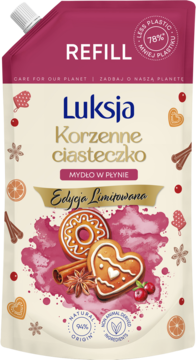 Luksja Korzenne ciasteczko mydło w płynie, zapas w beżowej torebce z motywem piernika, widok z przodu.