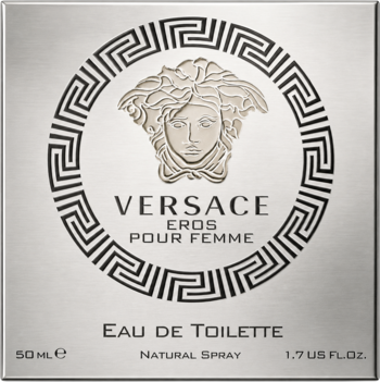 Srebrne, metaliczne opakowanie Versace Eros Pour Femme EDT, z wytłoczonym logo Meduzy i greckim wzorem, przód.