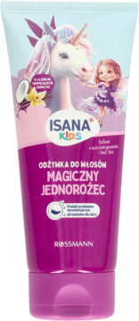 Isana Kids Magiczny Jednorożec odżywka do włosów, fioletowa tubka z jednorożcem, tropikalny zapach, widok z przodu.
