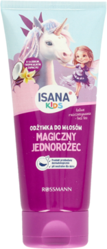 Isana Kids Magiczny Jednorożec odżywka do włosów, fioletowa tubka z jednorożcem, tropikalny zapach, widok z przodu.