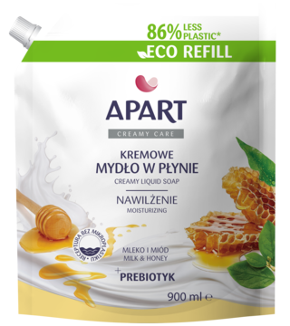 Biała saszetka Apart Creamy Care Kremowe Mydło w Płynie Mleko i Miód, z zielonym paskiem Eco Refill.
