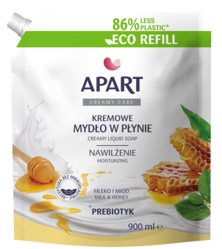 Biała saszetka Apart Creamy Care Kremowe Mydło w Płynie Mleko i Miód, z zielonym paskiem Eco Refill.