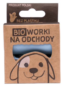 BIOworki na odchody StarchBag™: brązowe pudełko z rysunkiem psa, widok z przodu.