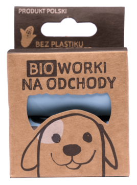 BIOworki na odchody StarchBag™: brązowe pudełko z rysunkiem psa, widok z przodu.