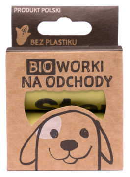 Front brązowego opakowania Bio Worków na odchody, wycięcie głowy psa, widoczne zielone rolki bez plastiku.