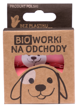 Brązowe pudełko BIO worków na psie odchody, z rysunkiem psa, napisem „BEZ PLASTIKU” i różowymi rolkami.