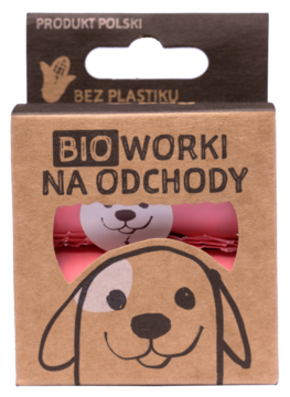 Brązowe pudełko BIO worków na psie odchody, z rysunkiem psa, napisem „BEZ PLASTIKU” i różowymi rolkami.