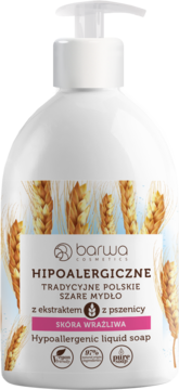 Barwa Hypoallergenic liquid soap, traditional Polish grey soap with wheat, white pump bottle, front.