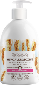 Barwa Hypoallergenic liquid soap, traditional Polish grey soap with wheat, white pump bottle, front.