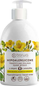 Biała butelka hipoalergicznego mydła Barwa z pompką, z żółtymi kwiatami wiesiołka na etykiecie.