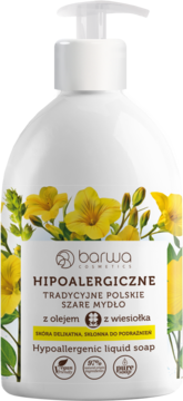 Biała butelka hipoalergicznego mydła Barwa z pompką, z żółtymi kwiatami wiesiołka na etykiecie.
