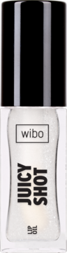 Wibo Juicy Shot olejek do ust w przezroczystej butelce z brokatem, czarna nakrętka, widok z przodu.