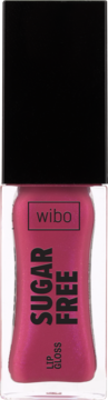 Wibo Sugar Free różowy błyszczyk, butelka z czarną nakrętką, widok z przodu. Błyszcząca formuła 'Lip Gloss'.