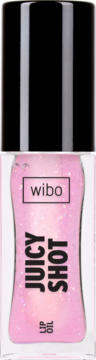 Różowy, brokatowy olejek do ust Wibo Juicy Shot w przezroczystej butelce z czarną nakrętką, widok z przodu.