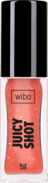 Wibo Juicy Shot olejek do ust w przezroczystej butelce, koralowy z brokatem, czarna nakrętka, widok z przodu.