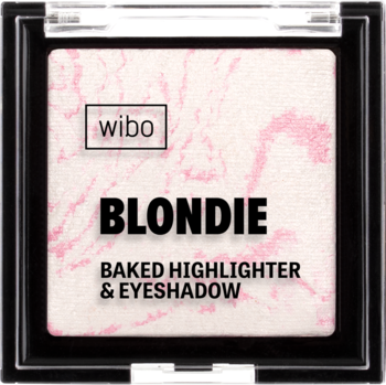 Wibo Blondie Baked Highlighter & Eyeshadow, biało-różowy marmurkowy rozświetlacz w czarnym opakowaniu, widok z góry.