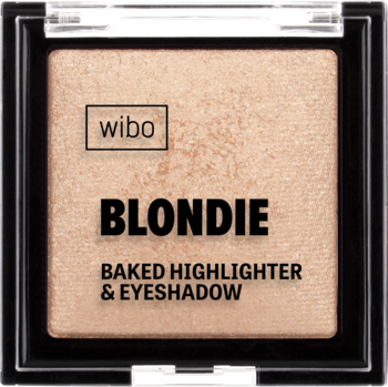 Wibo Blondie rozświetlacz i cień do powiek, złoto-beżowy, błyszczący, w kwadratowej czarnej kasetce, widok z przodu.
