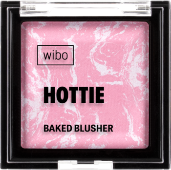 Wibo Hottie Baked Blusher w kwadratowym opakowaniu, z marmurkowym różowo-białym pudrem, widok z góry.