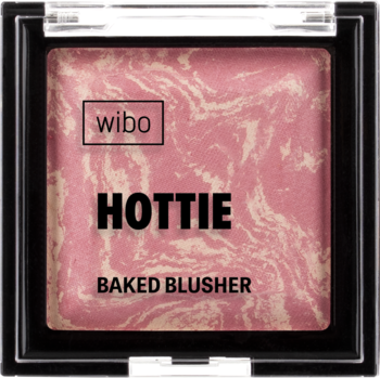 Wibo Hottie Baked Blusher Fuego Flush, marmurowy różowo-beżowy róż w czarnej kasetce, widok z przodu.