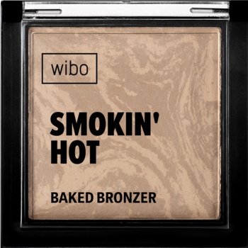 Wibo Smokin' Hot Baked Bronzer, czarne kwadratowe opakowanie, przód. Wypiekany puder o beżowo-brązowym wzorze marmurka.