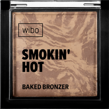 Wibo Smokin' Hot Baked Bronzer Caramel Macchiato w czarnej kasetce, z brązowo-beżowym marmurkowym wzorem.