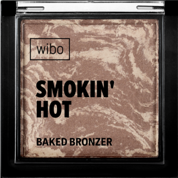 Wibo Smokin' Hot wypiekany bronzer Mocha w czarnym kompakcie, z brązowo-beżowym marmurkowym wzorem. Widok z góry.