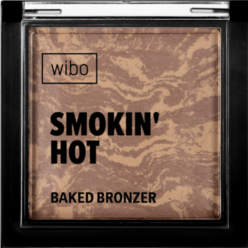Wibo Smokin' Hot baked bronzer Cappucino, czarny kwadratowy kompakt z marmurkowym brązowym bronzerem, widok z góry.