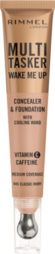 Rimmel Multi Tasker Concealer & Foundation, shade Classic Ivory, beige tube with cooling wand, front view.