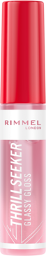 Rimmel Thrill Seeker Glassy Gloss w przezroczystej różowej tubce z czerwoną nakrętką, widok z przodu.