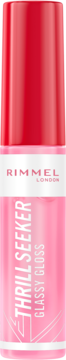 Rimmel Thrill Seeker Glassy Gloss Pink Candy, nawilżający błyszczyk w przezroczystej różowej butelce z czerwoną nakrętką, widok z przodu.