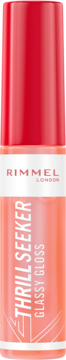 Błyszczyk Rimmel Thrill Seeker Glassy Gloss Peachy Vibes. Transparentna tubka z czerwonym korkiem, widok z przodu.