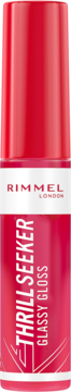 Błyszczyk Rimmel Thrill Seeker Glassy Gloss w butelce o fuksjowym odcieniu, z czerwoną nakrętką, widok z przodu.