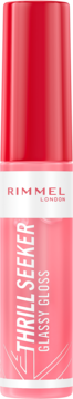 Różowy błyszczyk Rimmel Thrill Seeker Glassy Gloss w pionowej butelce z czerwoną nakrętką, widok z przodu.