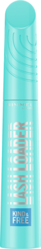 Turkusowa maskara Rimmel Kind & Free Lashforge, pionowy widok z przodu, z jasnymi napisami.