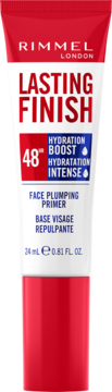Rimmel Lasting Finish Face Plumping Primer, czerwono-biała tubka, widok z przodu, z napisem 48h Hydration.