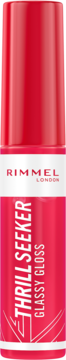 Różowo-czerwony błyszczyk Rimmel Thrill Seeker Glassy Gloss, pionowe opakowanie z logo Rimmel i białym tekstem.