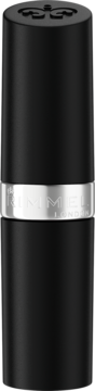Czarna matowa pomadka Rimmel Lasting Finish, widok z przodu. Srebrny pasek z logo i korona na wieczku.