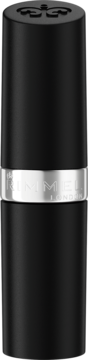 Pomadka Rimmel Lasting Finish w czarnej, matowej obudowie ze srebrnym paskiem z logo, widok z przodu.
