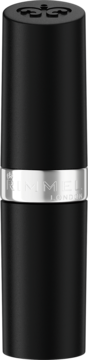 Rimmel Lasting Finish czarna satynowa pomadka do ust, widok z przodu, z metaliczną srebrną obręczą z logo.